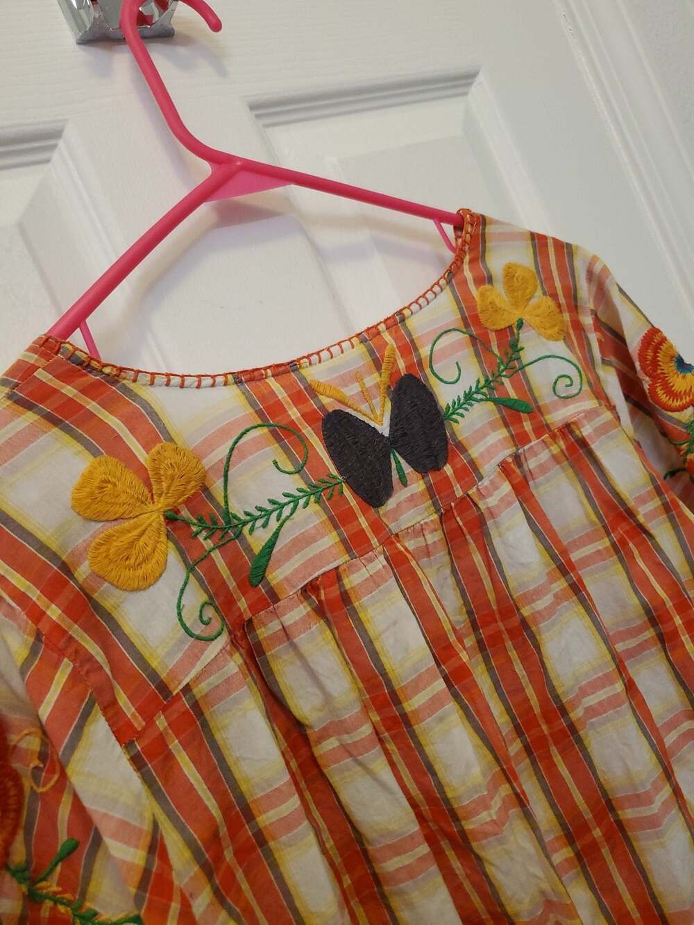 Sister Mary Women's Plaid Short Sleeve Embroidered Floral Blouse - Picture 9 of 9